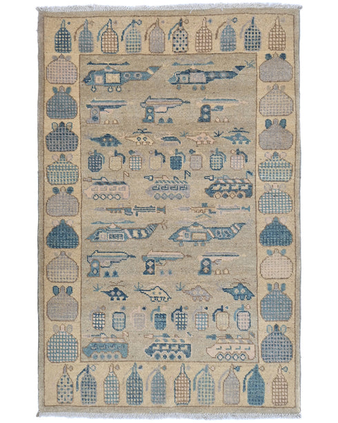 3x5 Gray Kuba Afghan Hand Knotted Wool Area Rug